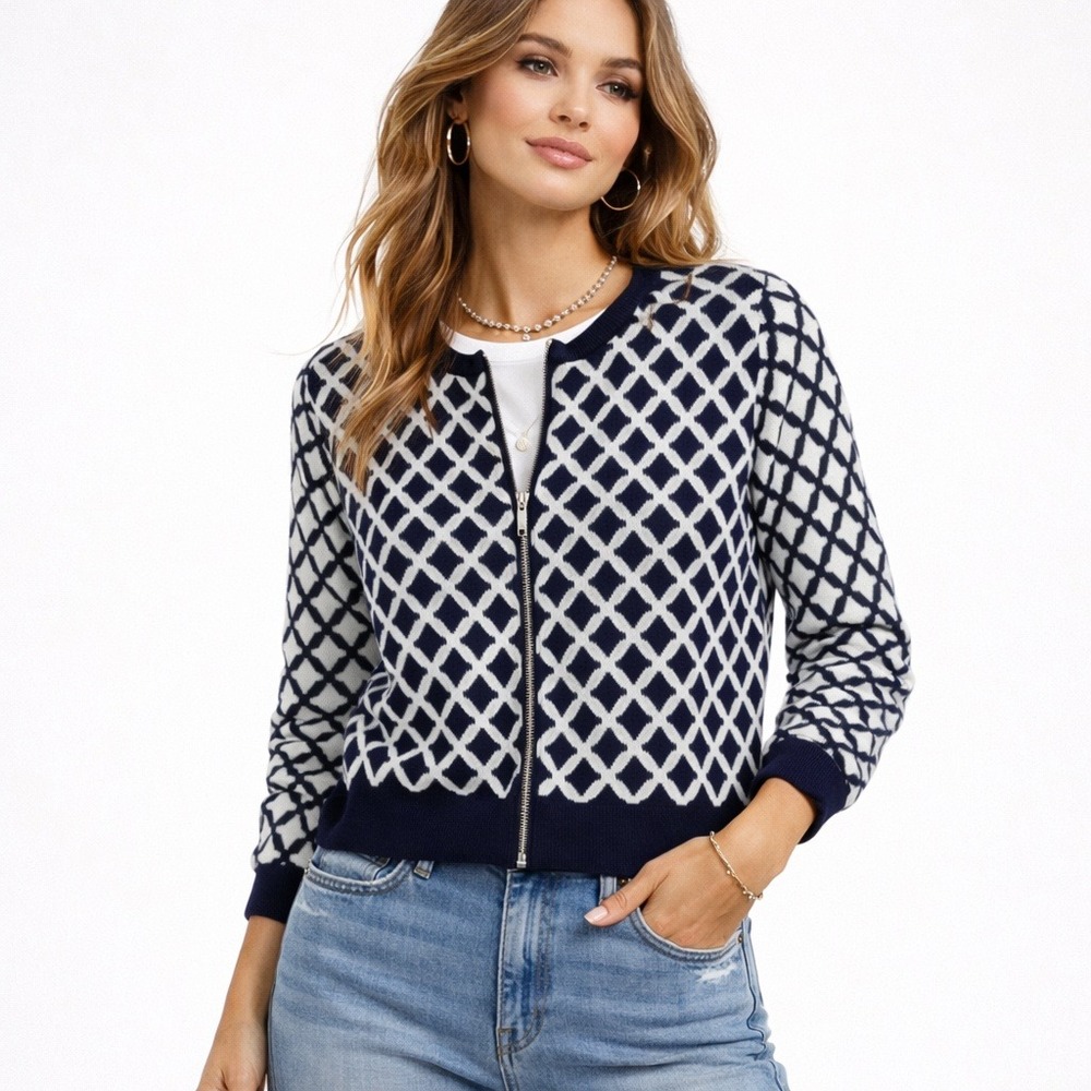 Boden Womens Navy White Geometric Diamond Zip Front Cardigan Sweater US 12 Prep